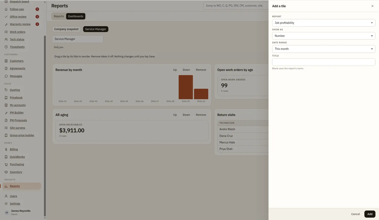 The Add a tile picker: report, show as Number, Small table or Chart, date range and title