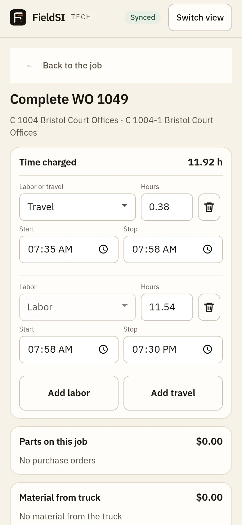 Complete job screen with the parts gate