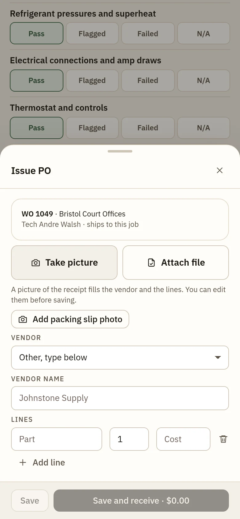Issue PO sheet on the tech phone