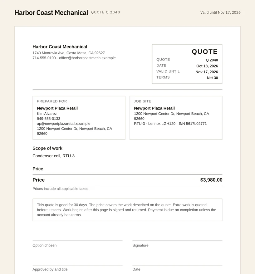 Printed quote the customer can sign