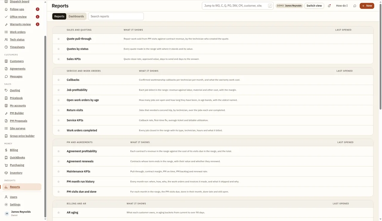 The FieldSI Reports list, grouped by area with search and starred favorites