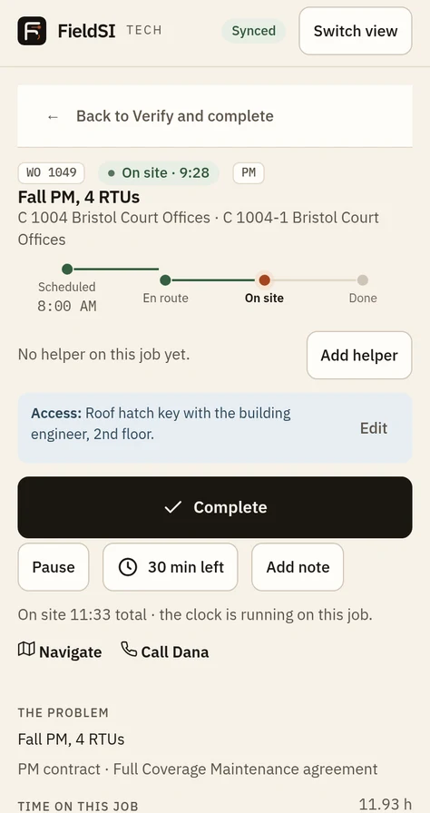 FieldSI tech phone app showing a work order